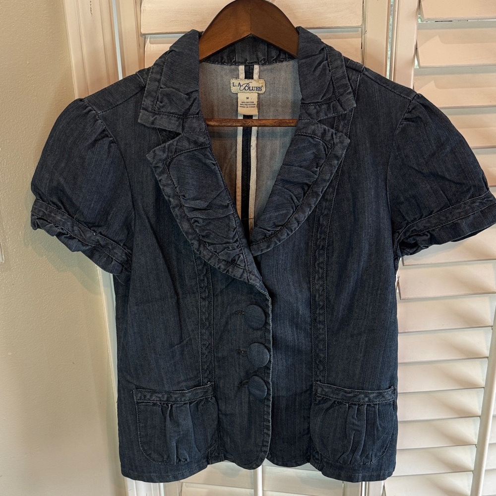 L.A. Blues Ruffled Denim Blouse - Dark Blue